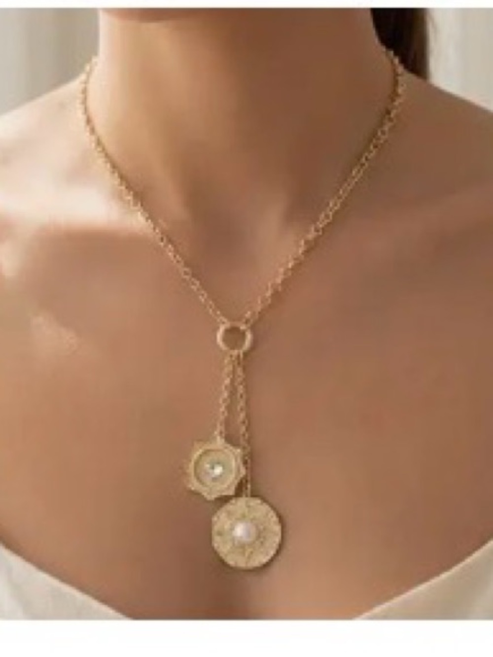 ShopEvelynne Gold Double Pendant Necklace with Pearl Accents
